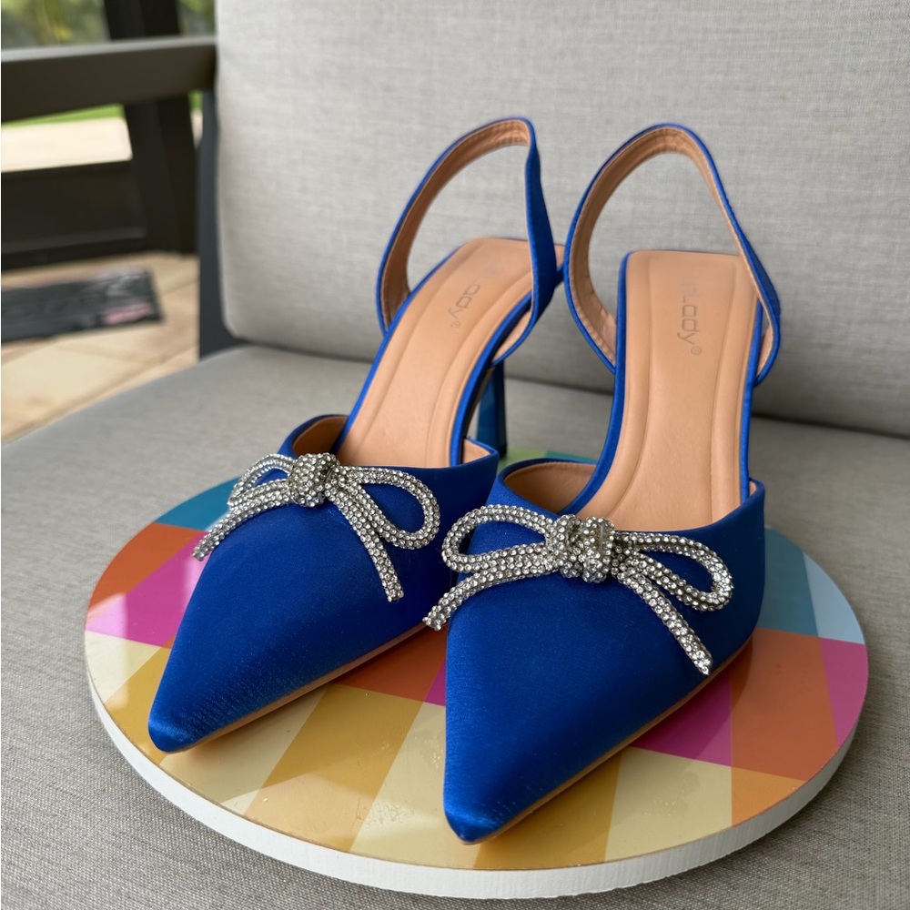 Blue Satin Women's Slingback heels with Rhinestone Bows size 8,5 - Picture 9 of 12